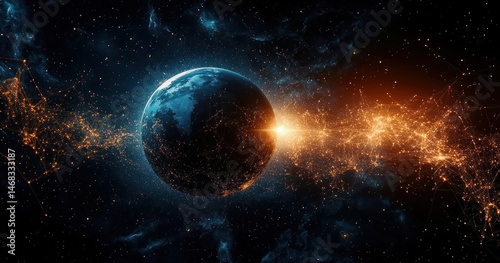 Dark planet illuminated by distant bright sun with interconnected glowing orange network lines spanning across starry space background