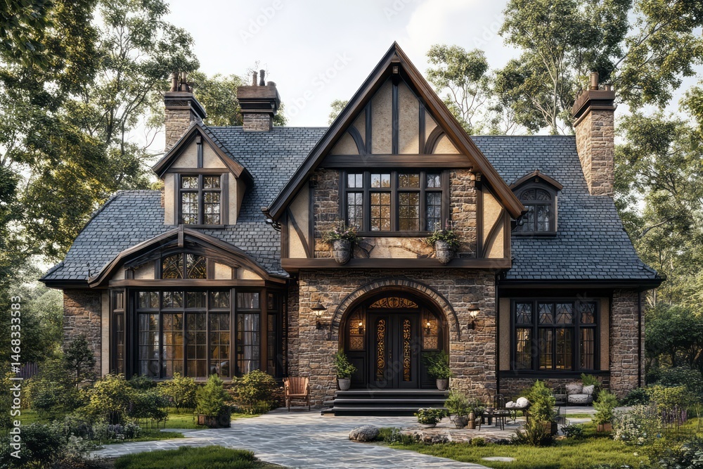 Exterior view of a stately stone-faced home in a wooded area. Exterior view of a stately stone-faced home in a wooded area.