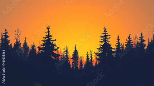 Forest Scene with Dark Silhouetted Trees, Set Against a Gradient Sunset Background Transitioning from Bright Yellow to Pitch Black, Featuring a Spacious Central Area for Text or Graphic Elements photo