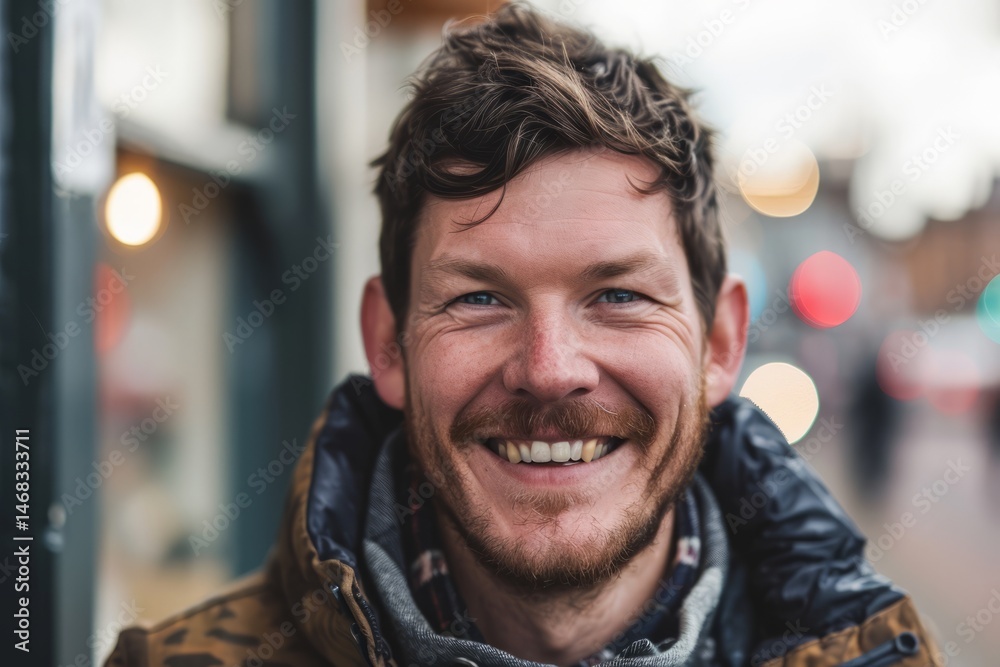 Portrait of a handsome young man smiling in a city street.