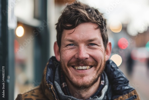 Obraz na płótnie Portrait of a handsome young man smiling in a city street. w salonie