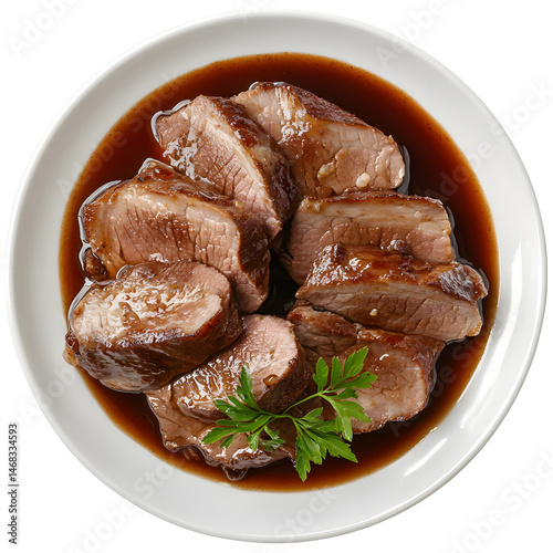 slices of veal cooked in a sauce dish cutout png isolated on white or transparent background
