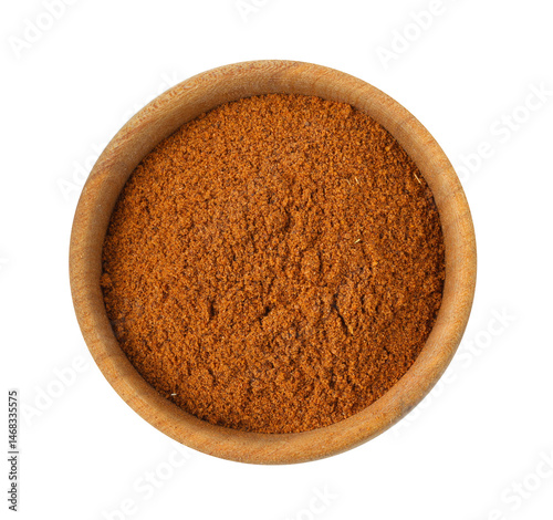 Fototapeta Naklejka Na Ścianę i Meble -  Nutmeg powder in bowl isolated on white, top view