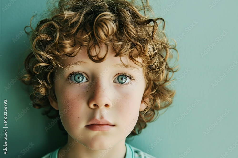Portrait of a little boy with curly hair and blue eyes.