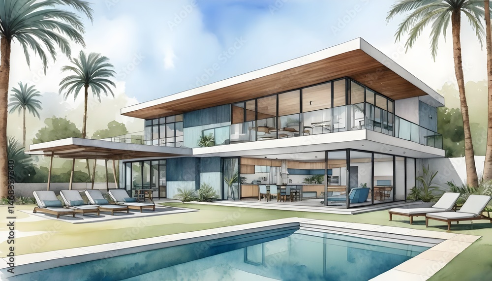 Fototapeta premium Modern Luxury Villa with Pool and Palm Trees