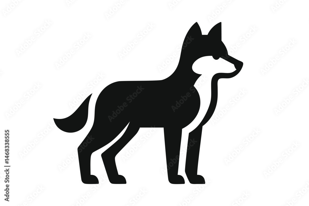 Black wolf silhouette standing side view graphic icon. Clipart image isolated on background. Black wolf silhouette standing side view graphic icon. Clipart image isolated on background.