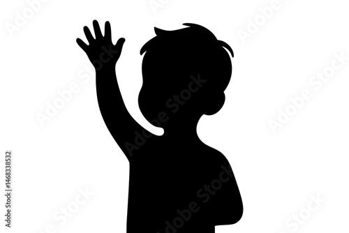Child silhouette waving hand against white background. Clipart image isolated on background.