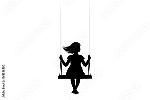 Silhouette of young girl swinging on swing. Clipart image isolated on background.