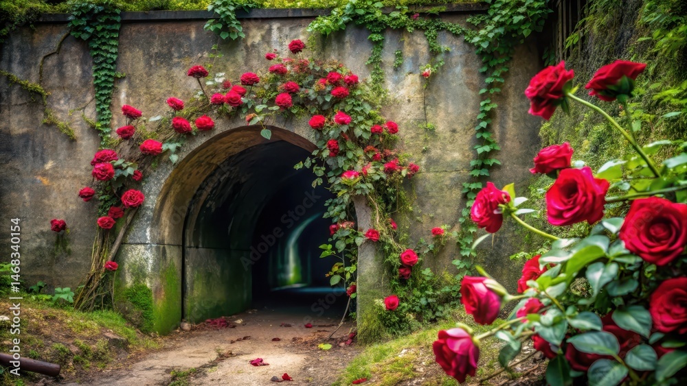 Fototapeta premium Overgrown roses spill out of a tunnel entrance