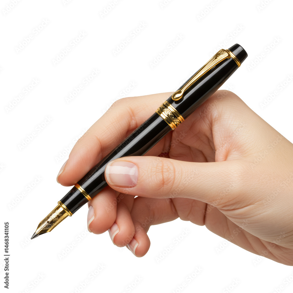 A hand holding a luxurious black and gold fountain pen, isolated on a transparent background. A hand holding a luxurious black and gold fountain pen, isolated on a transparent background.