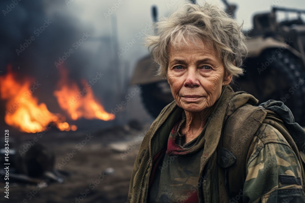 Portrait of an elderly woman on the background of a fire.