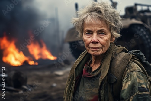 Portrait of an elderly woman on the background of a fire.