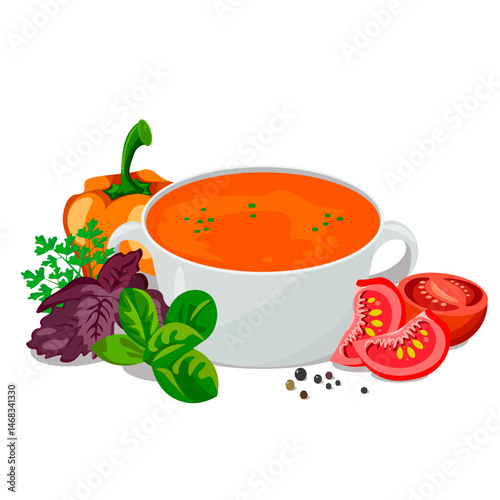 Tomato soup in a saucepan vegetables and herbs