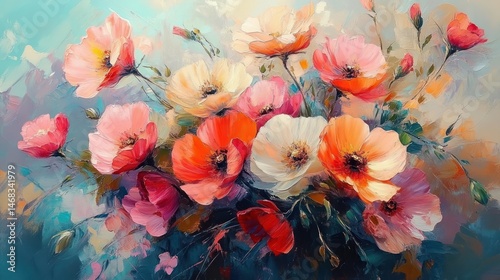 vibrant bouquet of variously colored blooming flowers with shades of pink orange white and red against a soft blue and beige abstract background