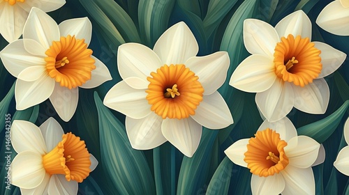 Close-up of multiple white daffodil flowers with bright orange trumpet-shaped centers surrounded by green leaves, evoking a fresh and vibrant spring atmosphere