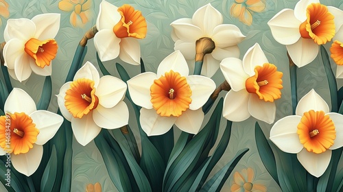 Close-up view of blooming white and orange daffodil flowers with long green leaves on a soft green background with faint floral patterns conveying serenity