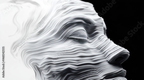 Close-up of a serene human face sculpted with layered, wave-like textures creating a fluid, abstract effect in grayscale tones against a black background