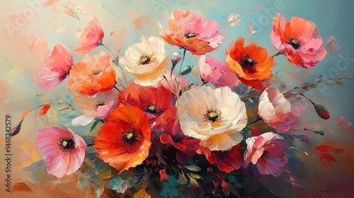 vibrant bouquet of blooming poppy flowers in shades of red, orange, pink, and white with delicate petals and green foliage, evoking a sense of freshness and natural beauty