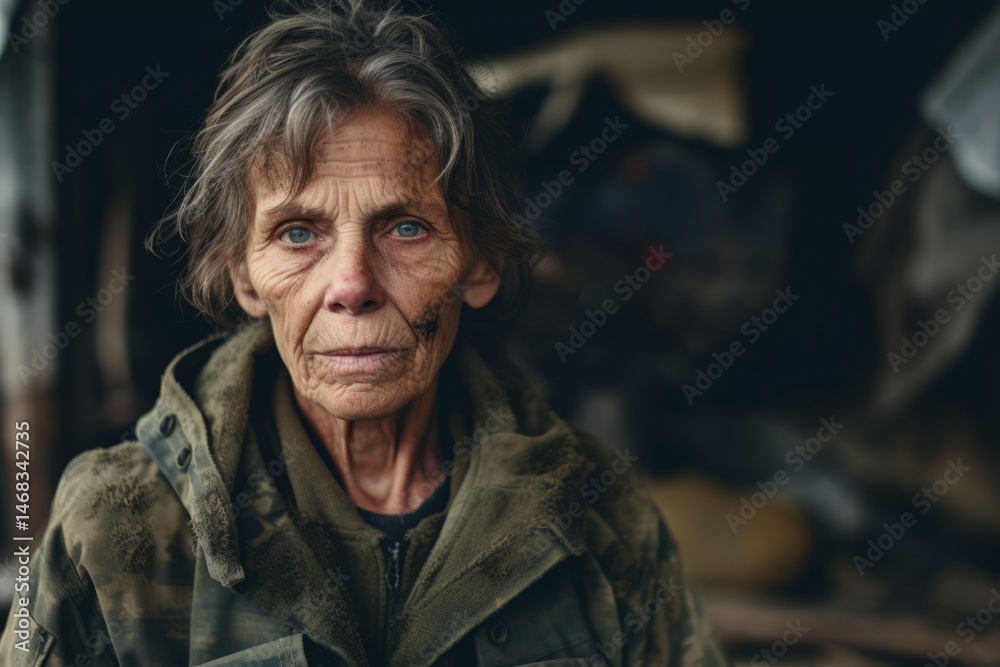 Portrait of an elderly woman in an abandoned house. Selective focus.