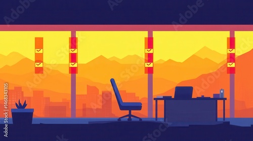 Pixelated Office Serenity, Retro Game Design View of Urban Sunset from Corporate Space Showcasing Nostalgia and Highrise Vistas