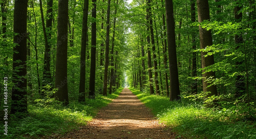 Fototapeta premium A peaceful forest pathway lined with tall green trees, leading into a serene and shaded natural environment, showcasing a tranquil walk in the woods