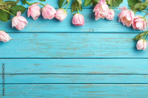 Fototapeta Naklejka Na Ścianę i Meble -  Delicate pink peonies on a teal wooden background