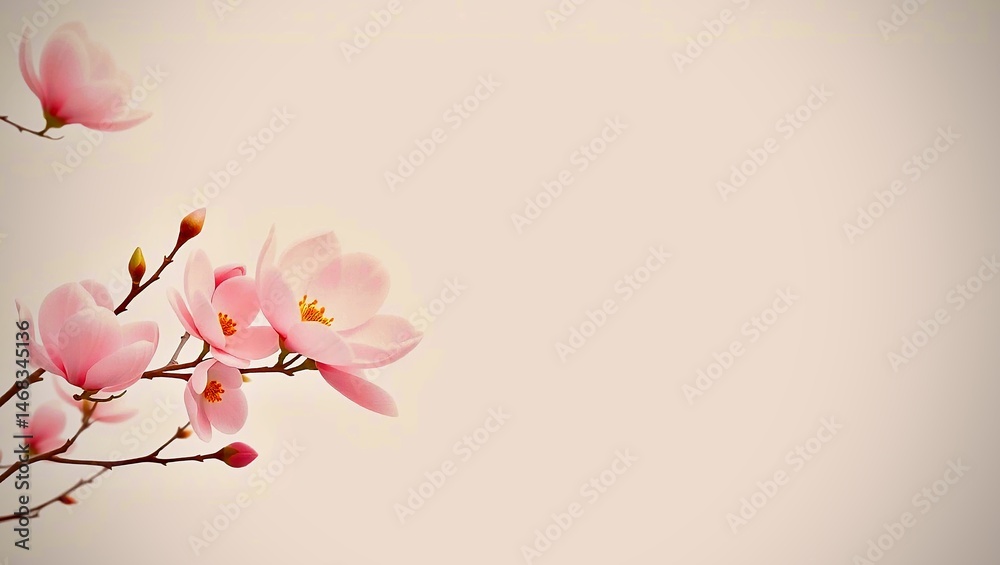 Naklejka premium Pink magnolia blossoms on a branch against a soft light background.