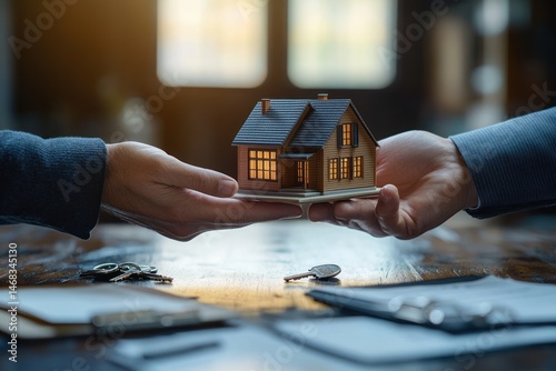 Two people exchanging a miniature house model with warm glowing windows over a wooden table with keys and paperwork, symbolizing home ownership or real estate transaction
