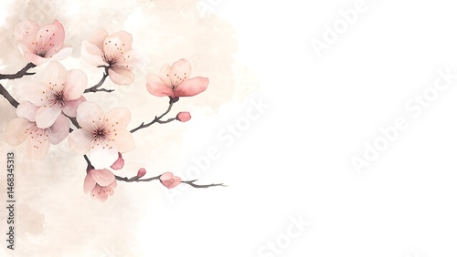Watercolor illustration of pink cherry blossoms on a branch against a light background.