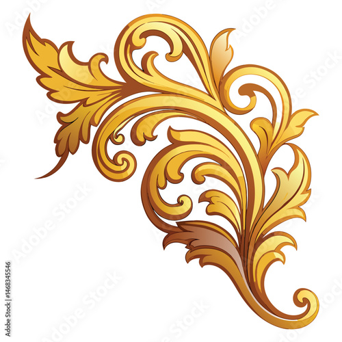 A gilded baroque corner ornament with swirling flourishes on white background