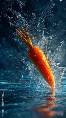 Carrot Vegetable Splash Water Movement Fresh Organic Natural Colorful Juicy Healthy Nutrient Texture Vibrant Drops Macro Photography Farm Harvest Cookery Dynamic Cuisine Earthy Bright Cooking Scene