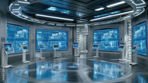 Futuristic command center interface for data processing system analysis and security platform with blue information screens technology