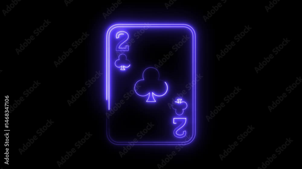 Neon glowing two of clubs playing card isolated on black background for gaming and casino themes