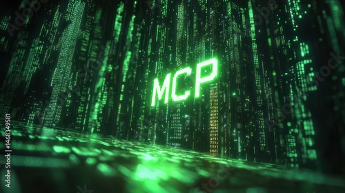 Glowing green digital matrix background with cascading binary code and the bright letters MCP in the center conveying a futuristic cyber technology concept