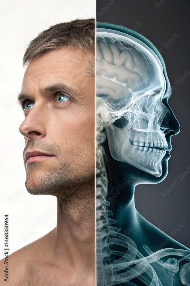 Obraz premium Split View of Human Head with Skull X-ray and Real Face