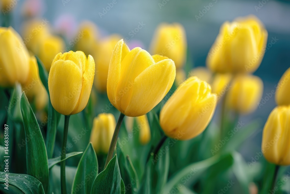 Obraz premium Close-up view of vibrant yellow tulips in bloom.