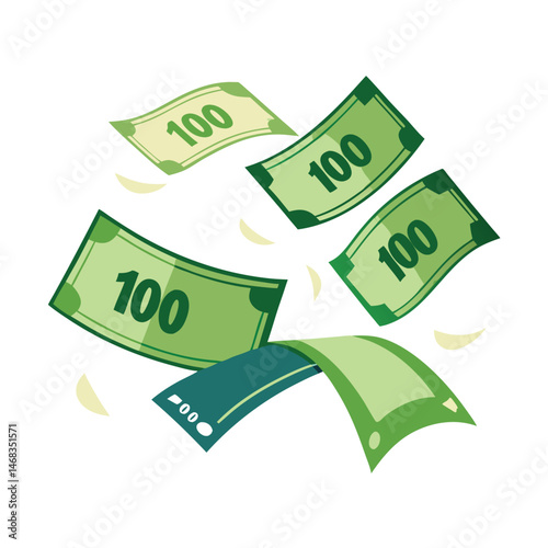 Fluttering one hundred dollar bills  a white backdrop.