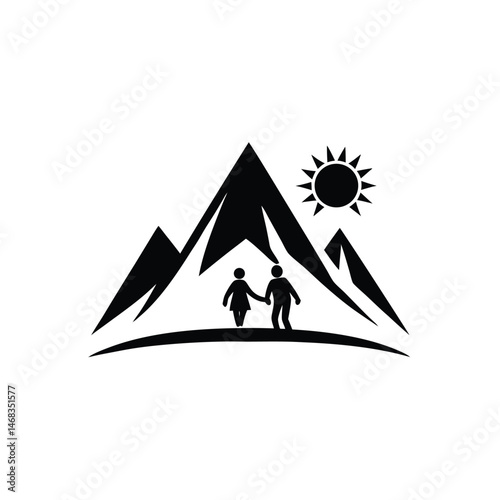 Silhouette of a couple holding hands hiking in the mountains under the sun perfect for travel and adventure