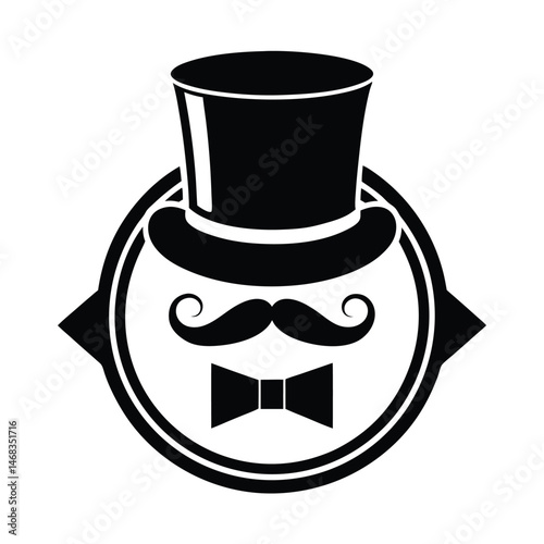 A black and white graphic depicting a stylish gentleman's face featuring a top hat and a bow tie