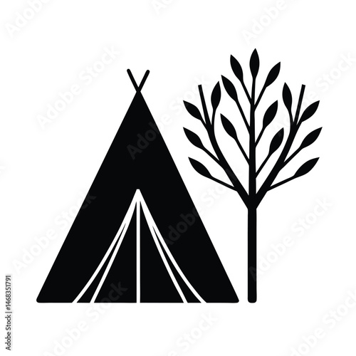 Minimalist black and white illustration of a teepee tent and a stylized tree for camping and outdoor adventure