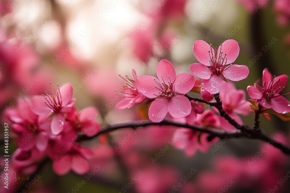close-up of vibrant pink cherry blossom flowers with delicate petals and visible stamens on blurred branches in soft light close-up of vibrant pink cherry blossom flowers with delicate petals and visible stamens on blurred branches in soft light