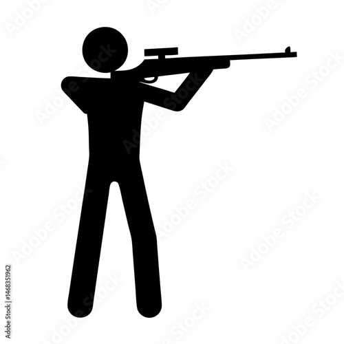 Silhouette of a stick figure aiming a rifle with precision on white
