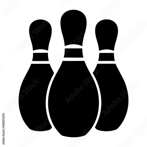 Three black bowling pins standing close together on a white background