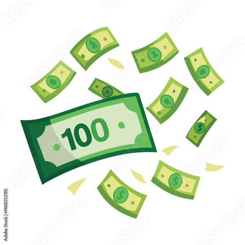 Fluttering one hundred dollar bills  a white backdrop.