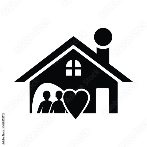 Black and white illustration of a house with people and a heart representing family love and home.