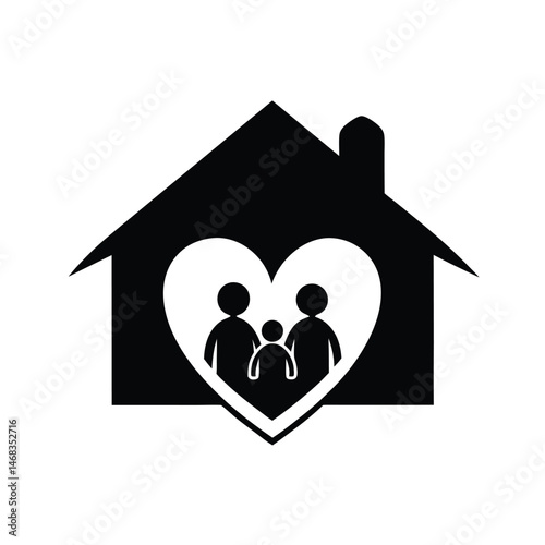 Simple black and white illustration depicting a loving family inside a heart shaped symbol representing home
