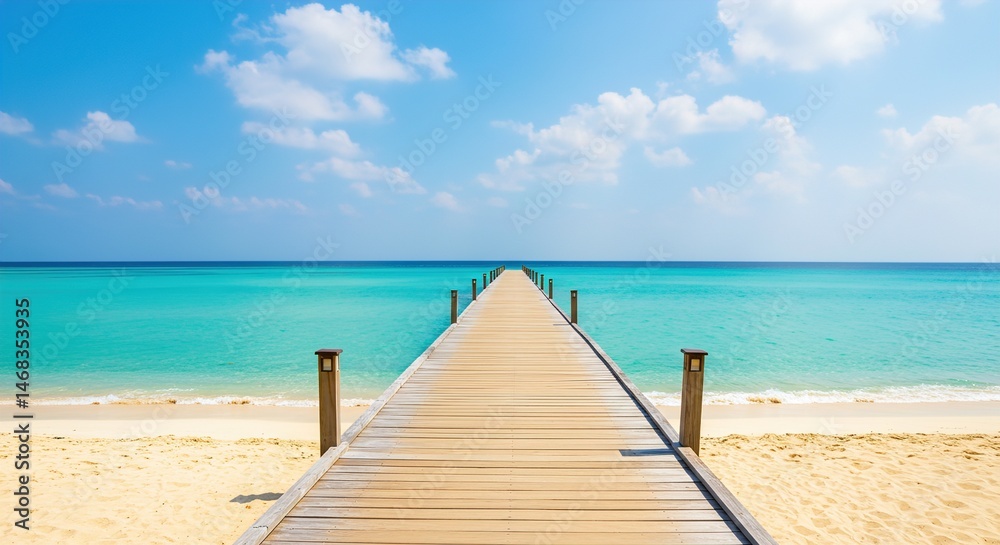 Obraz premium A serene view of a wooden dock leading out into clear turquoise waters, with sandy beaches and a bright blue sky dotted with clouds, creating a peaceful, tropical escape