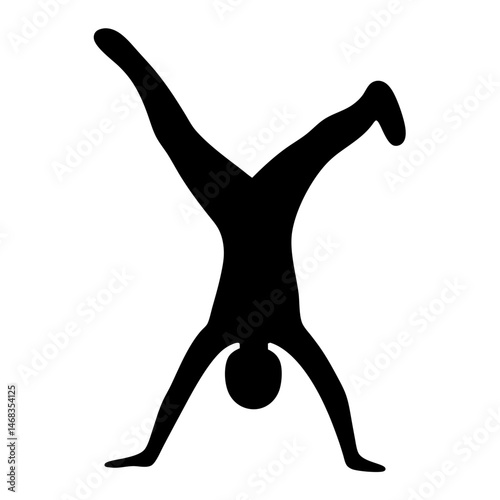 Black silhouette of a person doing a handstand with split legs