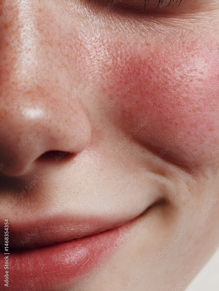 Obraz premium Natural Freckled Skin Closeup Portrait Rosy Cheeks Healthy Face Beauty Glowing Expression Vibrant Youthful Eyes Smile Delicate Features Cosmetics Trendy Makeup Happiness Feminine Radiance Photography