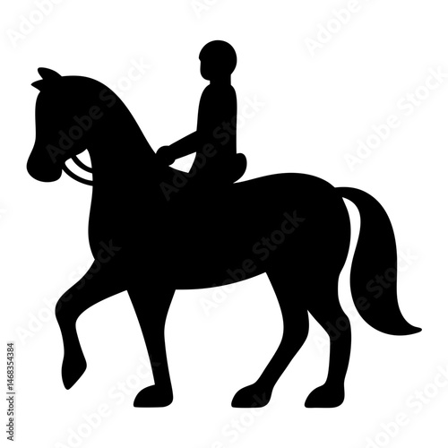 Black silhouette of a horse with a rider on top in profile
